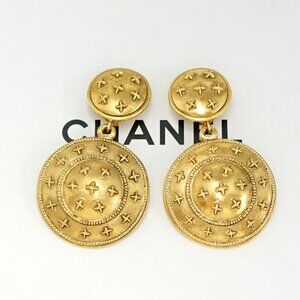 CHANEL Round Dangle Earrings Gold Tone Vintage #22139